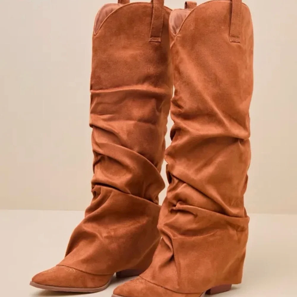 Lonzah Tan Suede Knee High Slouchy Boots - Picture 2 of 5